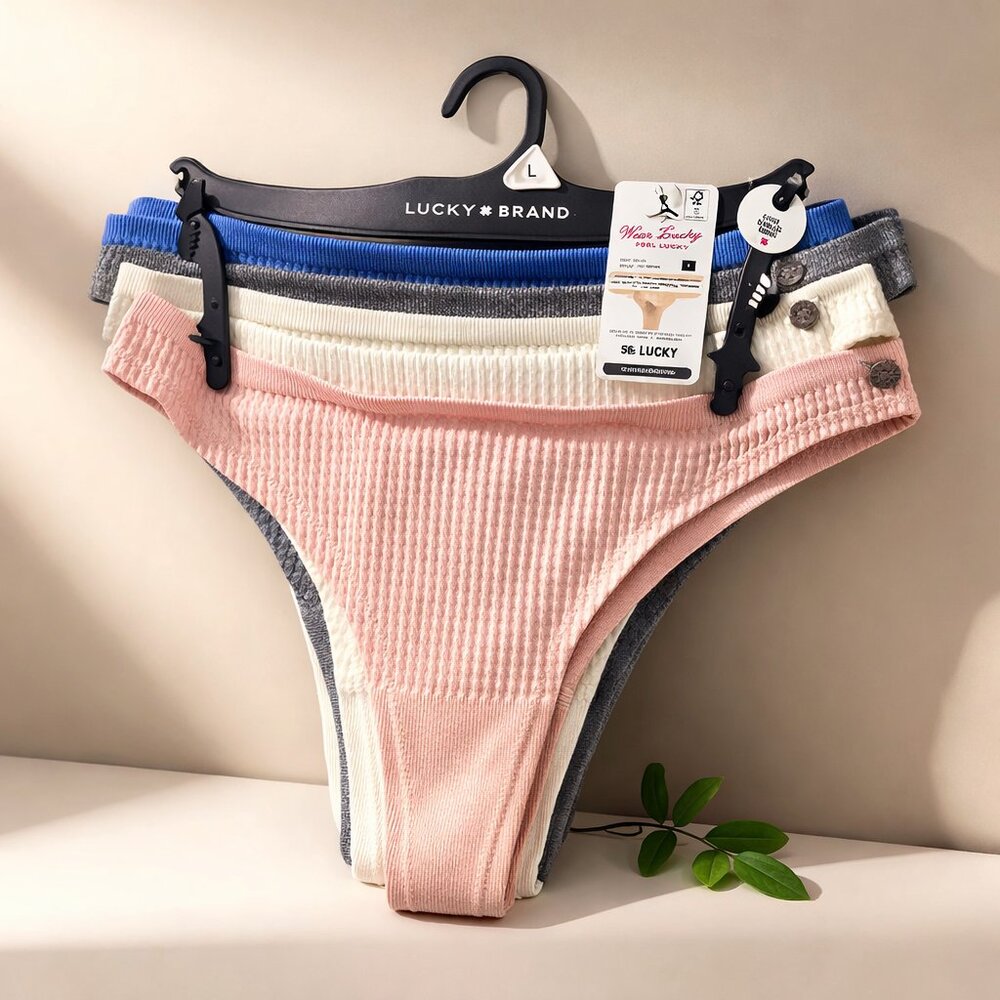 NEW Lucky Brand 5 Pack Ribbed Thong Varsity Navy Multi Large